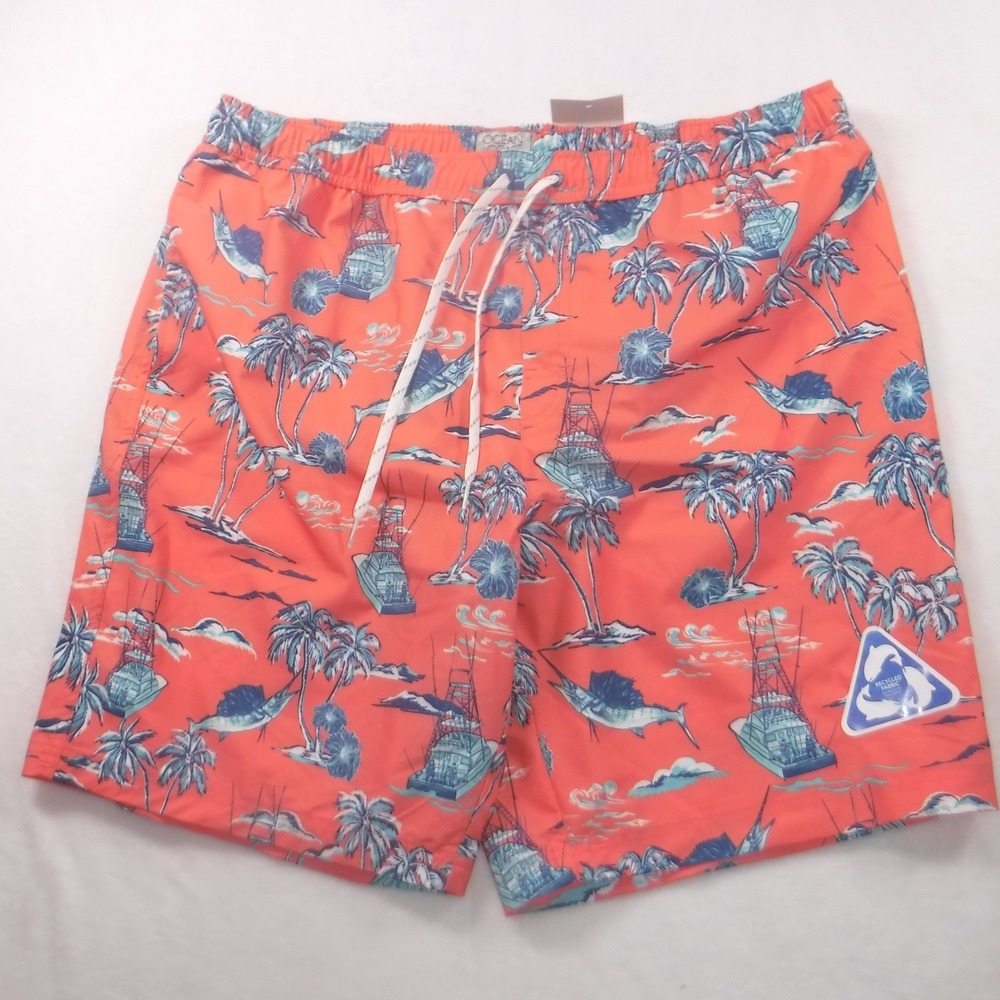 Ocean Coast Mens XL Swim Trunks Coral Orange Tropical Fishing Boat Marlin New